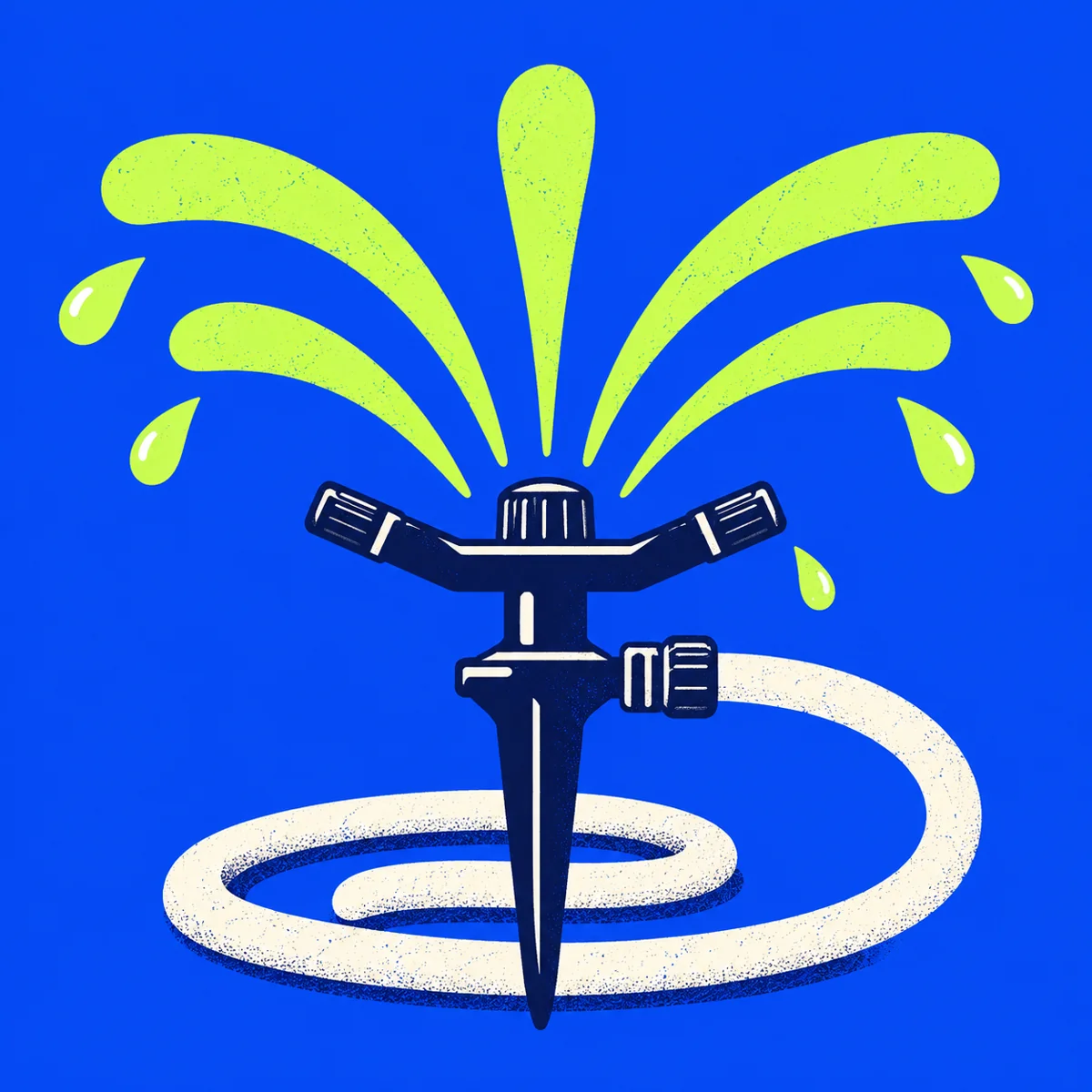 Illustration of a sprinkler spraying water above a coiled hose
